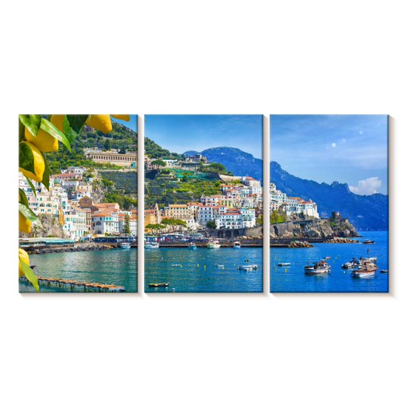 Elephant Stock Sunny Amalfi Coast Wall Art - Horizontal Multi Panel Canvas - Living Room Wall Decor - Places Multi Panel - Blue And Beige Decor - 56" x 27"