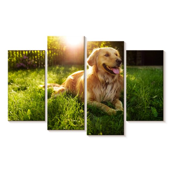 Elephant Stock Sunny Golden Retriever Wall Art - Horizontal Multi Panel Canvas - Living Room Wall Decor - Animal Multi Panel - Green And Orange Decor - 36" x 22"