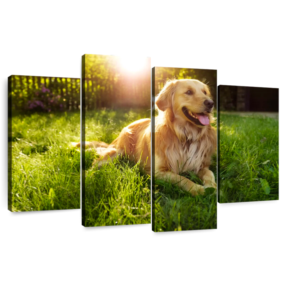 Elephant Stock Sunny Golden Retriever Wall Art - Horizontal Multi Panel Canvas - Living Room Wall Decor - Animal Multi Panel - Green And Orange Decor - 75" x 48"