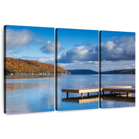 Elephant Stock Sunny Keuka Lake Pier Wall Art - Horizontal Multi Panel Canvas - Living Room Wall Decor - Nature Multi Panel - Blue And Brown Decor - 33" x 20"