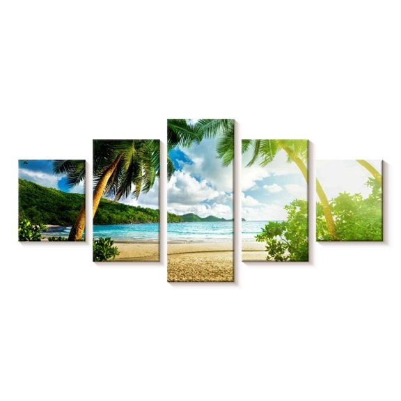Elephant Stock Sunny Seychelles Beach Trees Wall Art - Horizontal Multi Panel Canvas - Living Room Wall Decor - Beach Multi Panel - Yellow And Green Decor - 74" x 34"