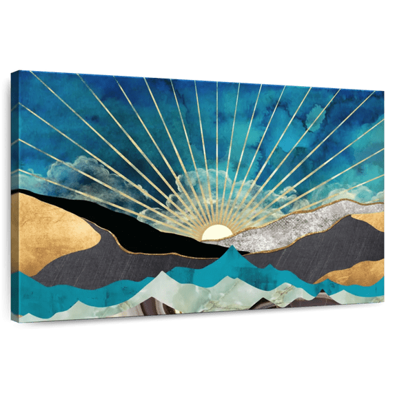 Elephant Stock Sunrise Abstract Wall Art - Horizontal Canvas Wall Art - Living Room Wall Decor - Nature Canvas - Teal And Blue Decor - 30" x 20"