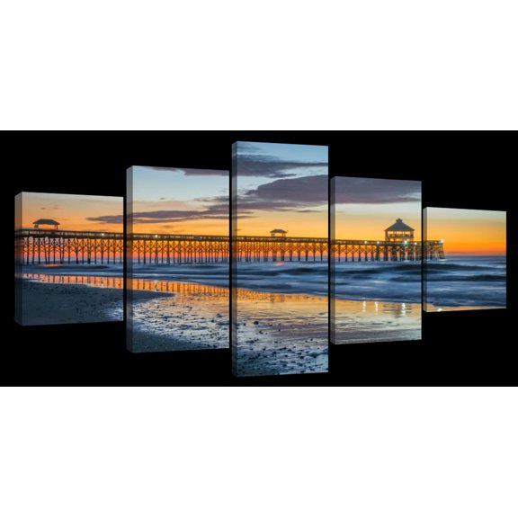 Elephant Stock Sunrise At Folly Dock Wall Art - Horizontal Multi Panel Canvas - 5 Pieceliving Room Wall Decor - Photography Nautical Multi Panel - Orange And Blue Decor - 55" x 24"