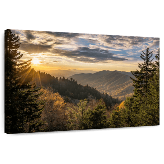 Elephant Stock Sunrise In Smoky Mountains Wall Art - Horizontal Canvas Wall Art - Living Room Wall Decor - Nature Canvas - Green And Blue Decor - 24" x 16"