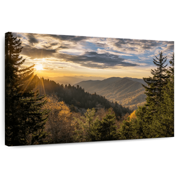 Elephant Stock Sunrise In Smoky Mountains Wall Art - Horizontal Canvas Wall Art - Living Room Wall Decor - Nature Canvas - Green And Blue Decor - 51" x 34"