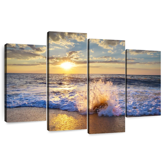 Elephant Stock Sunset Over Beach Wall Art - Horizontal Multi Panel Canvas - Living Room Wall Decor - Beach Multi Panel - Blue And Brown Decor - 36" x 22"