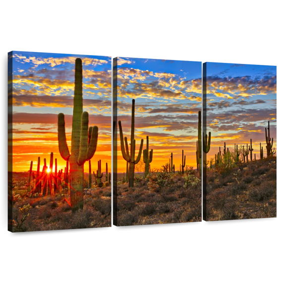 Elephant Stock Sunset Cactus Wall Art - Horizontal Multi Panel Canvas - Living Room Wall Decor - Floral And Botanical Multi Panel - Blue And Orange Decor - 50" x 32"