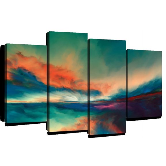 Elephant Stock Sunset Clouds Wall Art - Horizontal Multi Panel Canvas - Living Room Wall Decor - Abstract Multi Panel - Orange And Teal Decor - 68" x 42"