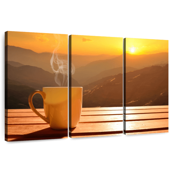 Elephant Stock Sunset Coffee Wall Art - Horizontal Multi Panel Canvas - 3 Piecedining Room Wall Decor - Photography Food And Drink Multi Panel - Orange And Brown Decor - 45" x 28"