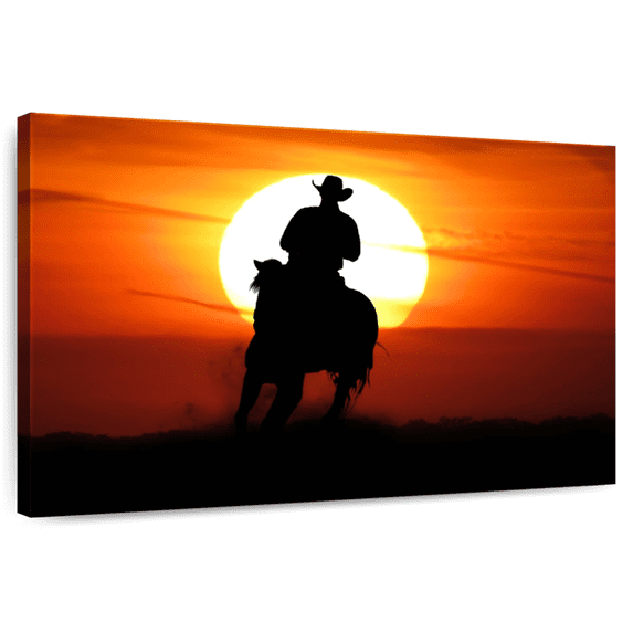 Elephant Stock Sunset Cowboy Wall Art - Horizontal Canvas Wall Art - Living Room Wall Decor - Our America Canvas - Orange And Black Decor - 51" x 34"