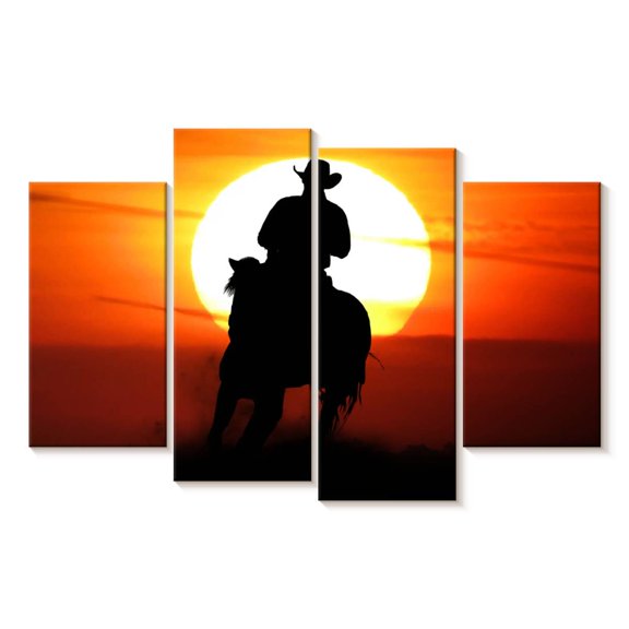 Elephant Stock Sunset Cowboy Wall Art - Horizontal Multi Panel Canvas - Living Room Wall Decor - Our America Multi Panel - Orange And Black Decor - 43" x 27"