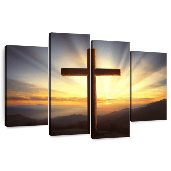 Elephant Stock Sunset Over Cross Wall Art - Horizontal Multi Panel Canvas - Hallway Wall Decor - Religion And Spirituality Multi Panel - Yellow And Brown Decor - 36" x 22"