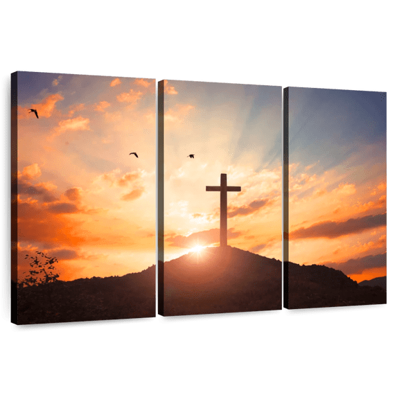Elephant Stock Sunset Cross Wall Art - Horizontal Multi Panel Canvas - Living Room Wall Decor - Religion And Spirituality Multi Panel - Orange And Yellow Decor - 57" x 36"