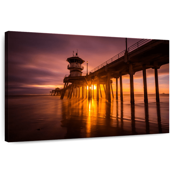 Elephant Stock Sunset At Huntington Beach Pier Wall Art - Horizontal Canvas Wall Art - Living Room Wall Decor - Nautical Canvas - Brown And Orange Decor - 12" x 8"