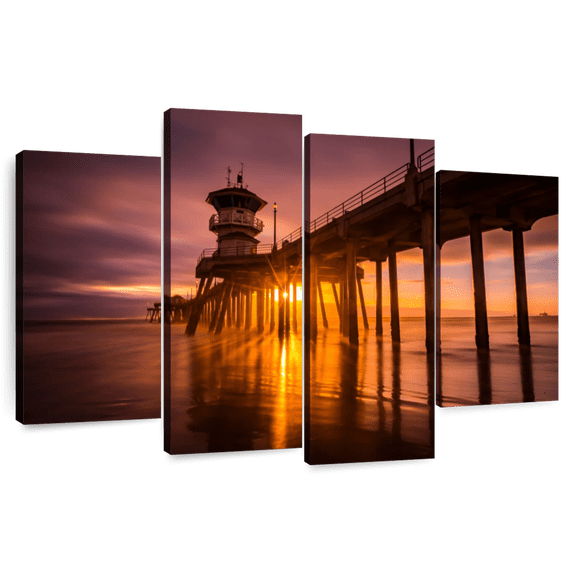 Elephant Stock Sunset At Huntington Beach Pier Wall Art - Horizontal Multi Panel Canvas - Living Room Wall Decor - Nautical Multi Panel - Brown And Orange Decor - 68" x 42"