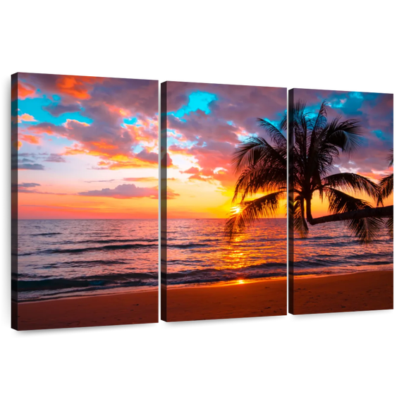 Elephant Stock Sunset Island Wall Art - Horizontal Multi Panel Canvas - Living Room Wall Decor - Beach Multi Panel - Orange And Brown Decor - 45" x 28"