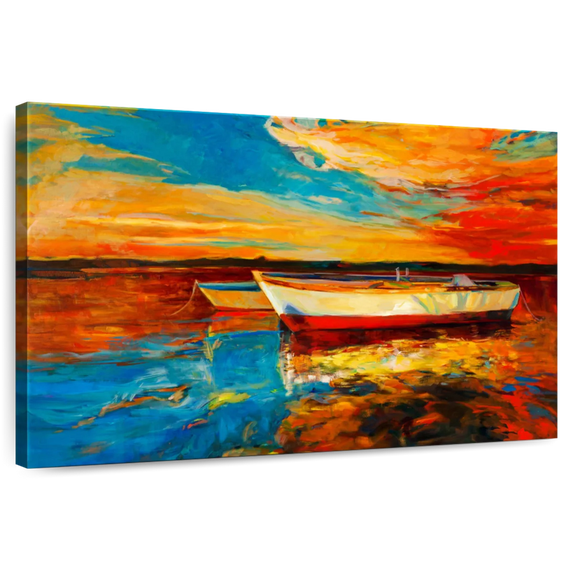 Elephant Stock Sunset Seascape Scene Wall Art - Horizontal Canvas Wall Art - Living Room Wall Decor - Transportation Canvas - Orange And Turquoise Decor - 48" x 32"