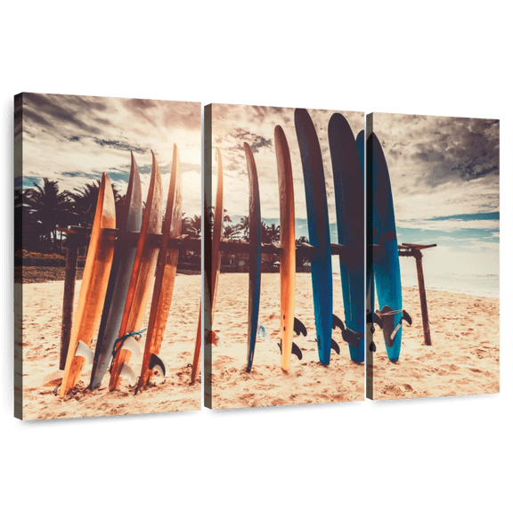 Elephant Stock Surfboard Stand Wall Art - Horizontal Multi Panel Canvas - Living Room Wall Decor - Hobbies And Lifestyle Multi Panel - Orange And Teal Decor - 57" x 36"