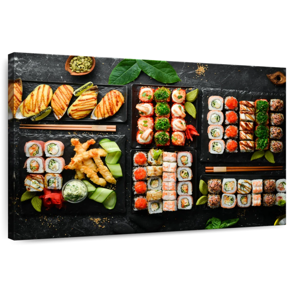 Elephant Stock Sushi Party Wall Art - Horizontal Canvas Wall Art - Dining Room Wall Decor - Food And Drink Canvas - Black And Gray Decor - 48" x 32"