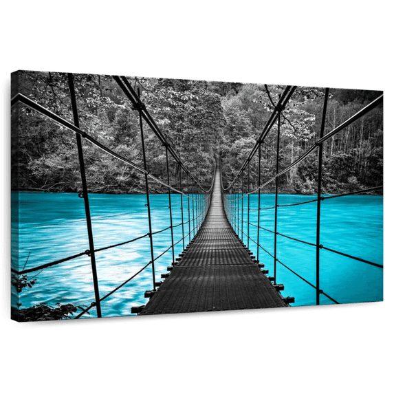 Elephant Stock Suspension Bridge Wall Art - Horizontal Canvas Wall Art - Living Room Wall Decor - Architecture Canvas - Turquoise And Black Decor - 12" x 8"