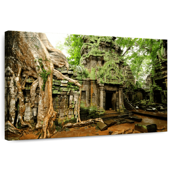 Elephant Stock Ta Prohm Temple Wall Art - Horizontal Canvas Wall Art - Living Room Wall Decor - Religion And Spirituality Canvas - Gray And Brown Decor - 12" x 8"