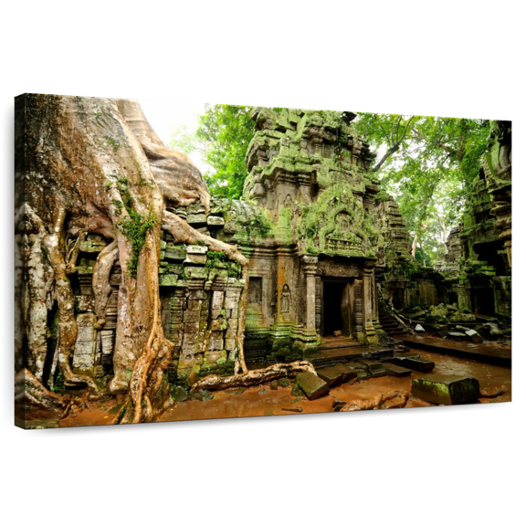 Elephant Stock Ta Prohm Temple Wall Art - Horizontal Canvas Wall Art - Living Room Wall Decor - Religion And Spirituality Canvas - Gray And Brown Decor - 36" x 24"