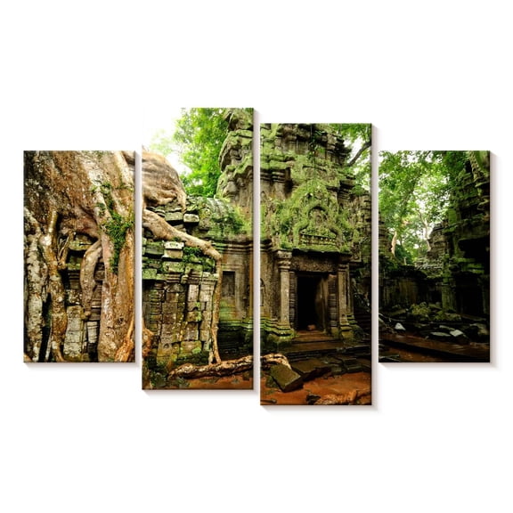 Elephant Stock Ta Prohm Temple Wall Art - Horizontal Multi Panel Canvas - Living Room Wall Decor - Religion And Spirituality Multi Panel - Gray And Brown Decor - 36" x 22"