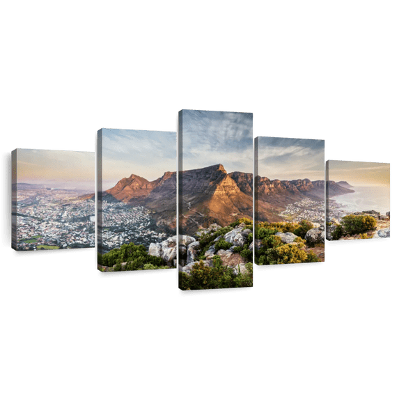 Elephant Stock Table Mountain Wall Art - Horizontal Multi Panel Canvas - Living Room Wall Decor - Places Multi Panel - Blue And Beige Decor - 92" x 42"