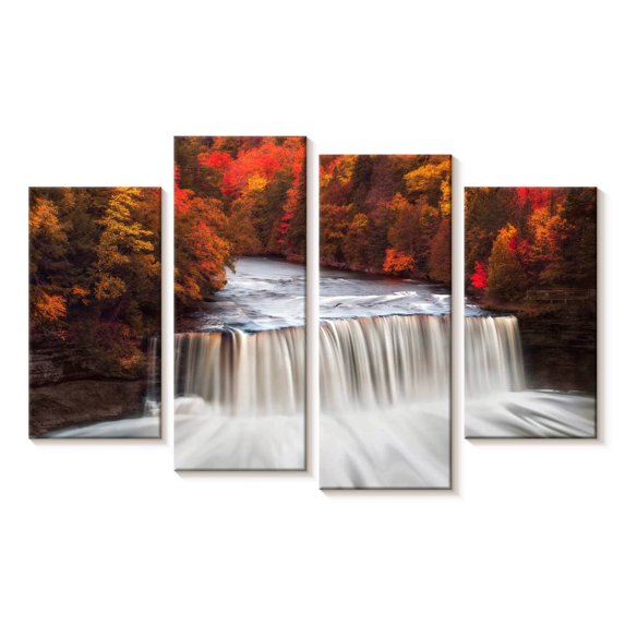 Elephant Stock Tahquamenon Falls In Autumn Wall Art - Horizontal Multi Panel Canvas - Living Room Wall Decor - Nature Multi Panel - Gray And Orange Decor - 24" x 14"