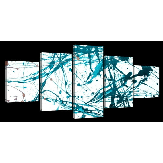 Elephant Stock Teal Abstract Wall Art - Horizontal Multi Panel Canvas - Living Room Wall Decor - Abstract Multi Panel - White And Teal Decor - 29" x 12"