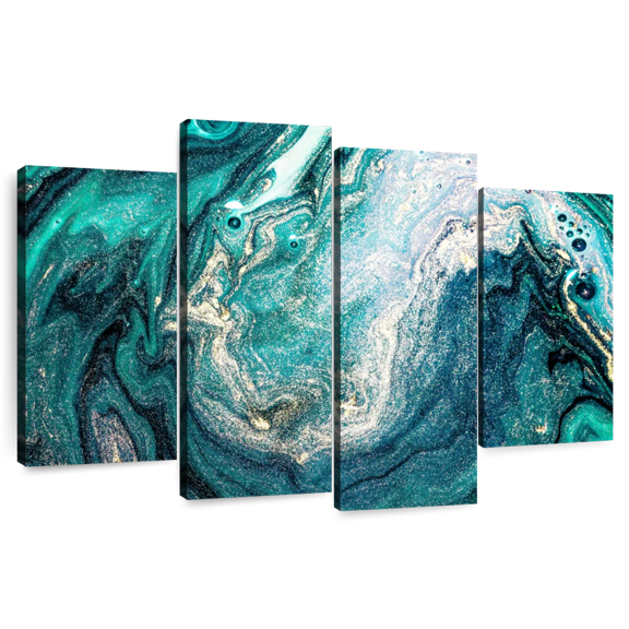 Elephant Stock Teal Blue Abstract Wall Art - Horizontal Multi Panel Canvas - Living Room Wall Decor - Abstract Multi Panel - Teal And Gold Decor - 43" x 27"