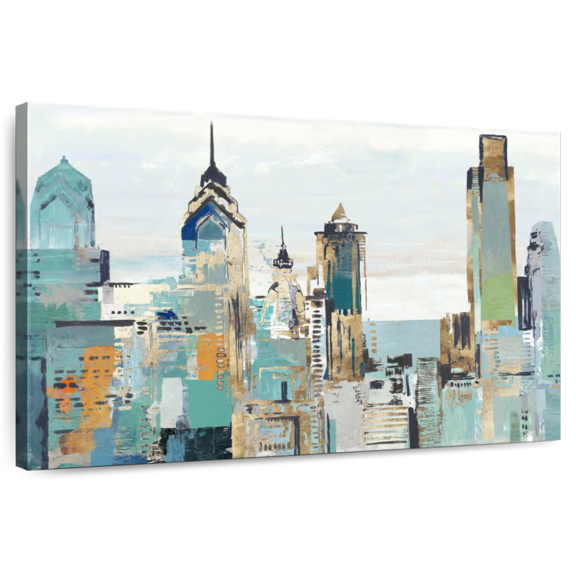 Elephant Stock Teal City I Wall Art - Horizontal Canvas Wall Art - Living Room Wall Decor - City Canvas - Orange And Beige Decor By Allison Pearce - 12" x 8"