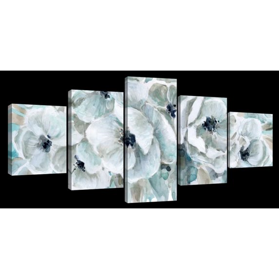 Elephant Stock Teal Harmony Ii Wall Art - Horizontal Multi Panel Canvas - Living Room Wall Decor - Floral And Botanical Multi Panel - White And Gray Decor By Carol Robinson - 42" x 19"
