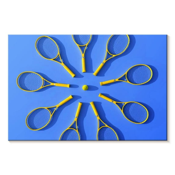 Elephant Stock Tennis Racket Circle Wall Art - Horizontal Canvas Wall Art - Living Room Wall Decor - Sports Canvas - Blue And Yellow Decor - 30" x 20"