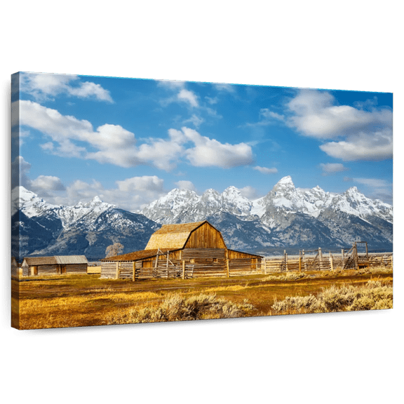 Elephant Stock Teton Range Moulton Barn Wall Art - Horizontal Canvas Wall Art - Living Room Wall Decor - Nature Canvas - Gray And Blue Decor - 51" x 34"