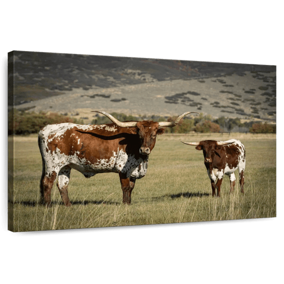 Elephant Stock Texas Longhorn And Its Calf Wall Art - Horizontal Canvas Wall Art - Living Room Wall Decor - Animal Canvas - Gray And Brown Decor - 12" x 8"