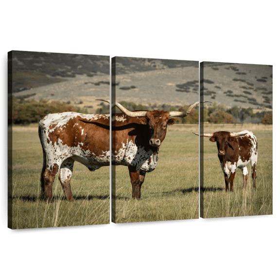 Elephant Stock Texas Longhorn And Its Calf Wall Art - Horizontal Multi Panel Canvas - Living Room Wall Decor - Animal Multi Panel - Gray And Brown Decor - 33" x 20"