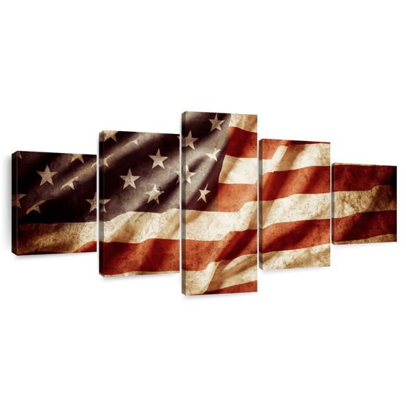 Elephant Stock Textured American Flag Wall Art - Horizontal Multi Panel Canvas - Living Room Wall Decor - Flags Multi Panel - Brown And Red Decor - 92" x 42"