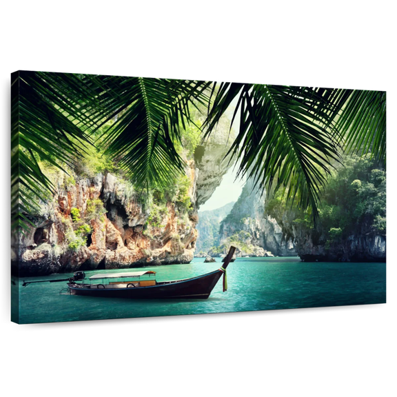 Elephant Stock Thailand Long Boat Wall Art - Horizontal Canvas Wall Art - Living Room Wall Decor - Beach Canvas - Teal And Green Decor - 45" x 30"