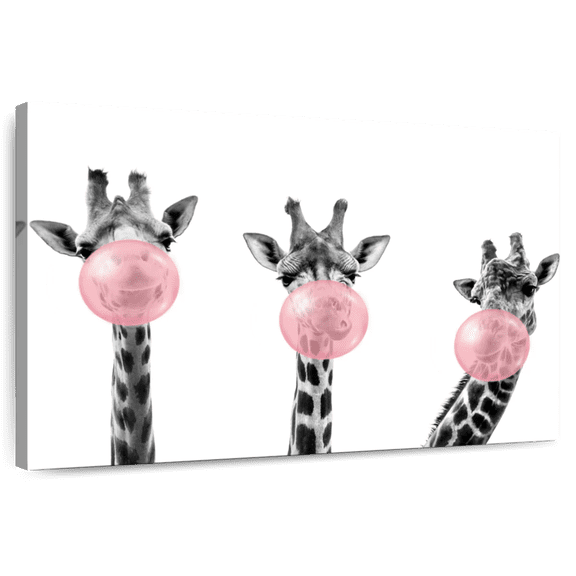 Elephant Stock Three Bubble Gum Giraffes Wall Art - Horizontal Canvas Wall Art - Living Room Wall Decor - Humor Canvas - White And Gray Decor - 12" x 8"