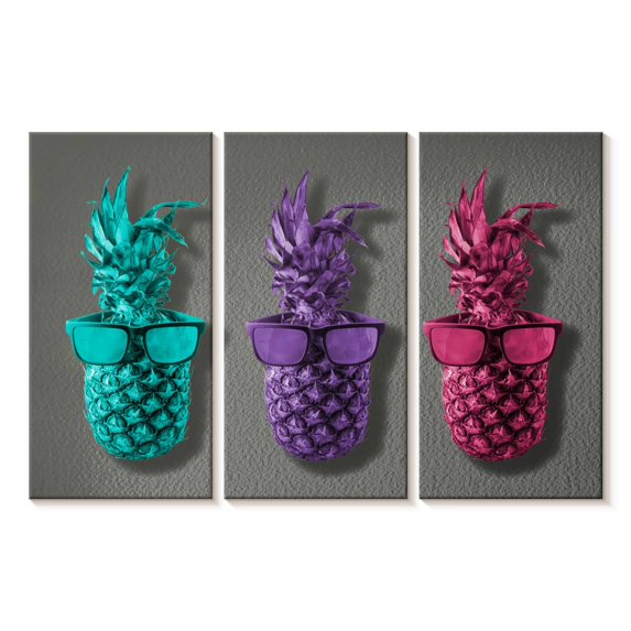 Elephant Stock Three Trendy Pineapples Wall Art - Horizontal Multi Panel Canvas - Living Room Wall Decor - Humor Multi Panel - Turquoise And Gray Decor - 50" x 32"