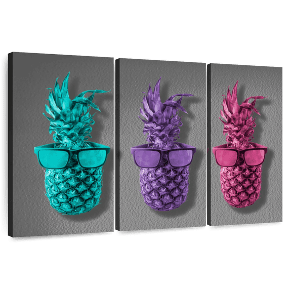 Elephant Stock Three Trendy Pineapples Wall Art - Horizontal Multi Panel Canvas - Living Room Wall Decor - Humor Multi Panel - Turquoise And Gray Decor - 50" x 32"