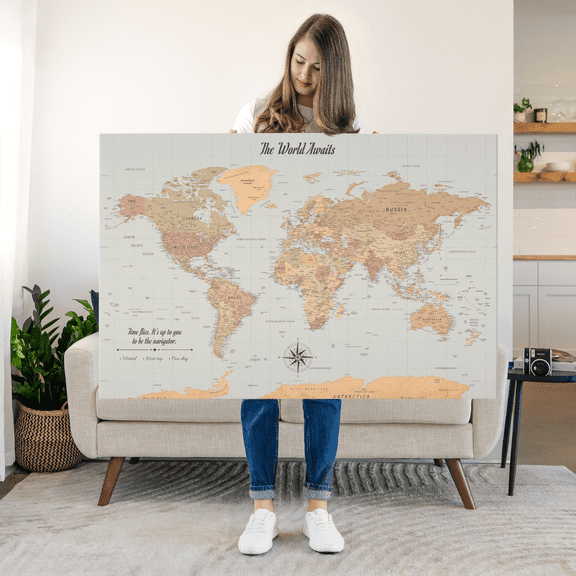 Elephant Stock Time Flies Push Pin World Map Ii Wall Art - Map Canvas Art - 12" x 8"