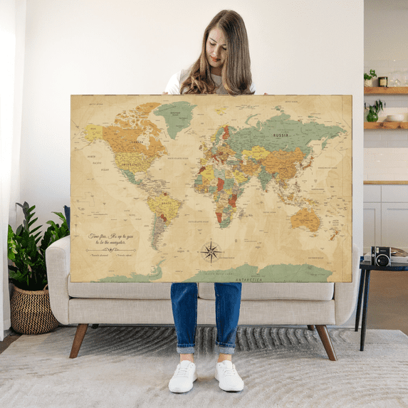 Elephant Stock Time Flies Push Pin World Map Iii Wall Art - Map Canvas Art - 45" x 30"