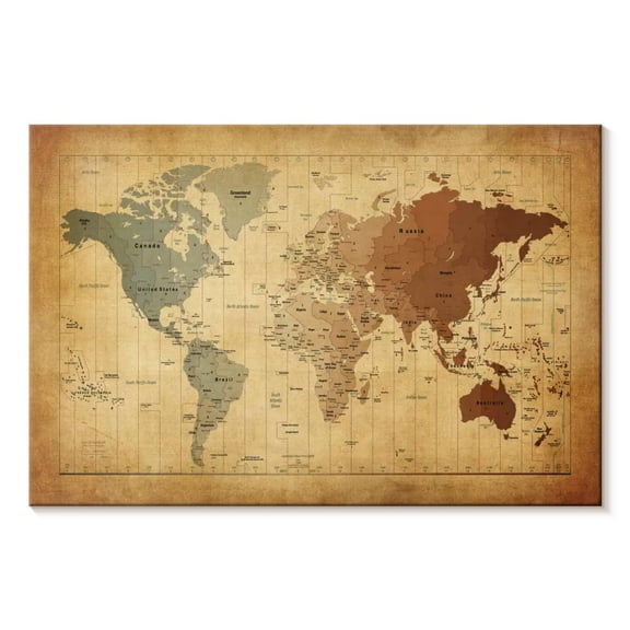 Elephant Stock Time Zones Map Of The World Wall Art - Horizontal Canvas Wall Art - Living Room Wall Decor - Map Canvas - Brown And Orange Decor By Michael Tompsett - 12" x 8"