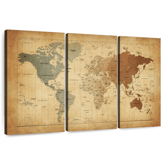 Elephant Stock Time Zones Map Of The World Wall Art - Horizontal Multi Panel Canvas - Living Room Wall Decor - Map Multi Panel - Brown And Orange Decor By Michael Tompsett - 38" x 24"