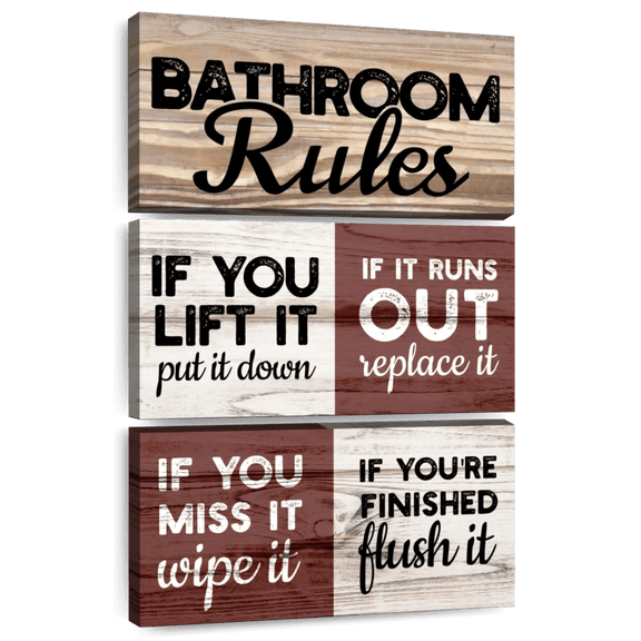 Elephant Stock Toilet Commandments Wall Sign Wall Art - Vertical Multi Panel Canvas - Bathroom Wall Decor - Wall Signs Multi Panel - Red And Beige Decor - 48" x 74"