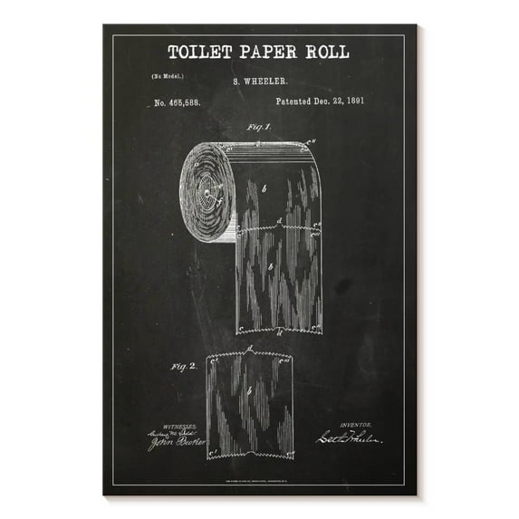 Elephant Stock Toilet Paper Roll Bw Patent Wall Art - Vertical Canvas Wall Art - Hallway Wall Decor - Patent Canvas - White And Gray Decor - 30" x 45"