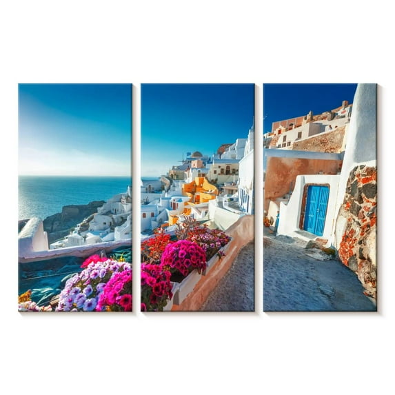 Elephant Stock Traditional Santorini Houses Wall Art - Horizontal Multi Panel Canvas - Living Room Wall Decor - Beach Multi Panel - Pink And White Decor - 23" x 14"