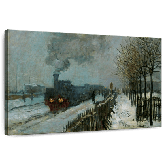 Elephant Stock Train In The Snow 1875 Wall Art - Horizontal Canvas Wall Art - Living Room Wall Decor - Transportation Canvas - Blue And Gray Decor By Claude Monet - 30" x 20"